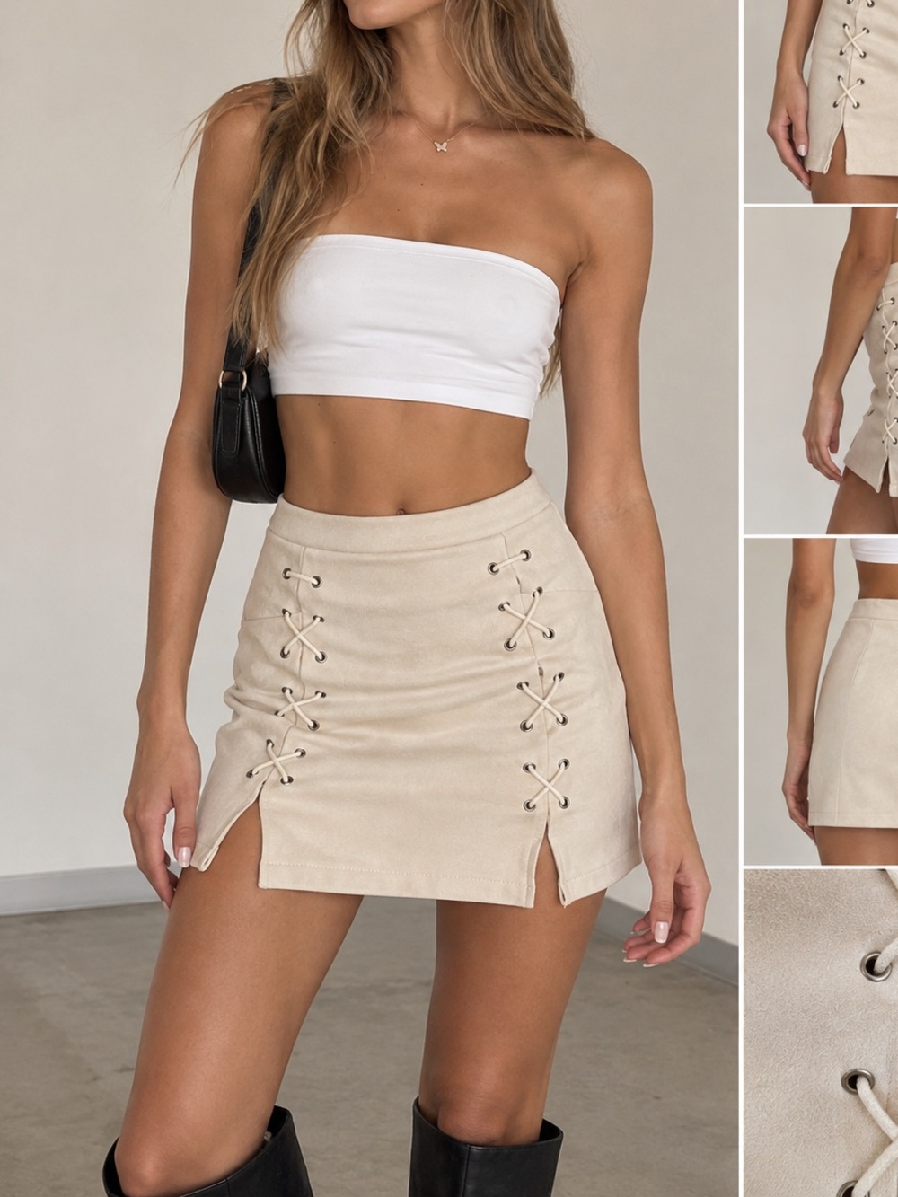 Sweet Pot Faux Suede Lace Up Mini Skirt Cream Y2K AU 6/US 2